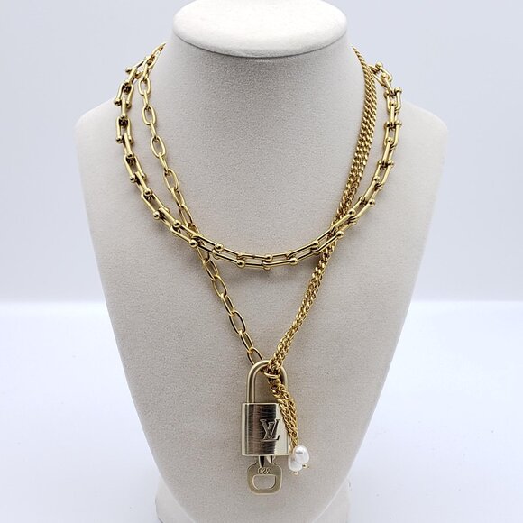 Louis Vuitton Jewelry - Double Chain Necklace with Authentic Louis Vuitton Padlock Pendant & Fresh Pearl